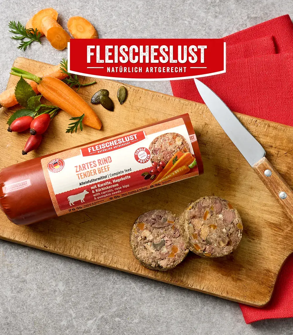 Logo und Produktbild einer Hundewurst auf einem Vesperbrett