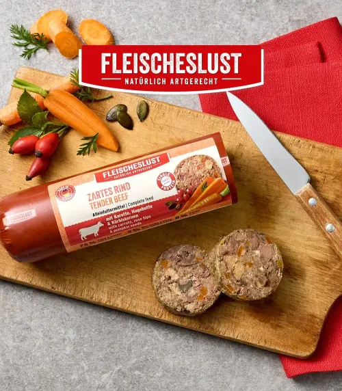 Logo und Produktbild einer Hundewurst auf einem Vesperbrett