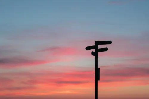 Wegweiser als Silhouette vor Abendhimmel in Rosa und Orange